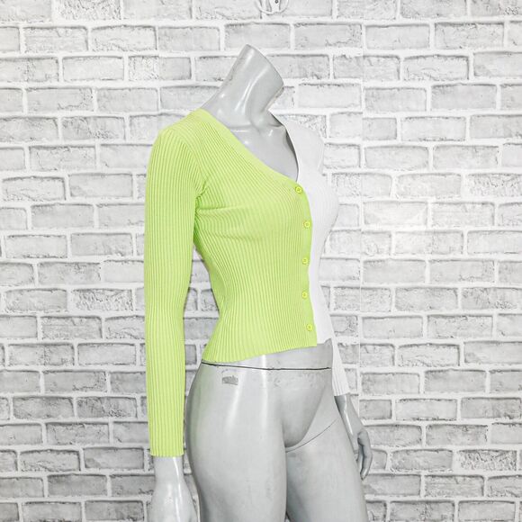 STAUD Women's Cargo Sweater Ribbed cardigan lime white colorblock - Picture 4 of 7